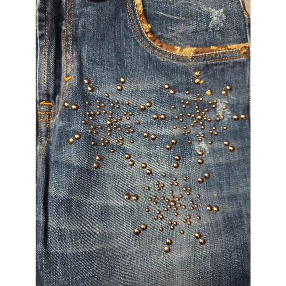 John Galliano Distressed Blue Jeans Embellished Bronze Studded Snow Flakes Sz 26